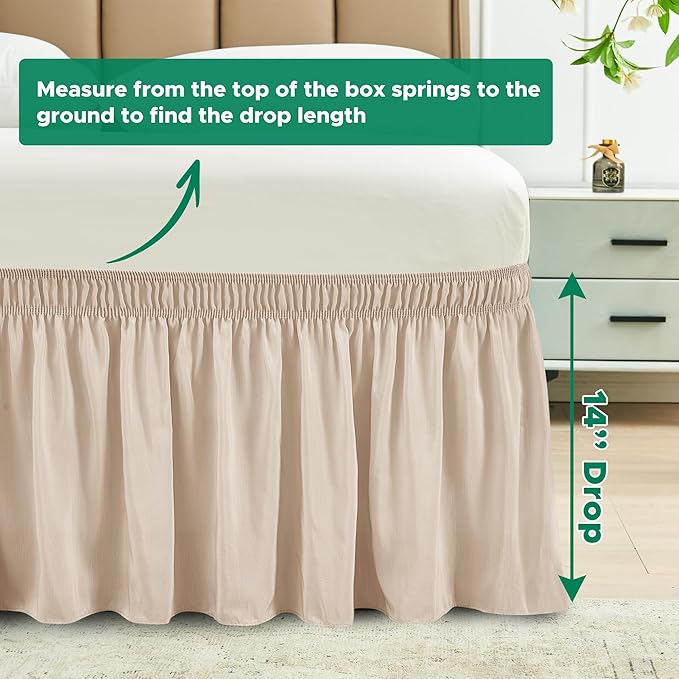 Biscaynebay Wrap Around Bed Skirts for King & Cal King Beds 14" Drop, Sand Adjustable Elastic Dust Ruffles Easy Fit Wrinkle Resistant Silky Luxurious Fabric Machine Washable