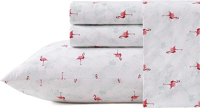 Tommy Bahama - King Size Sheet Set, Crisp & Cool Cotton Percale Bedding with a Smooth Lightweight Feel, 4 Piece Holiday Bed Sheets with Matching Pillowcases (Flamingo Santa Red)
