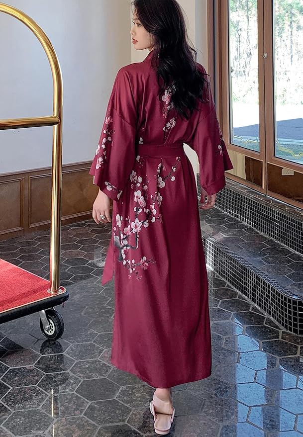 Silk Satin Robe for Women Long Japanese Kimono Robe Lightweight Soft Bathrobe Floral Luxury Dressing Gown