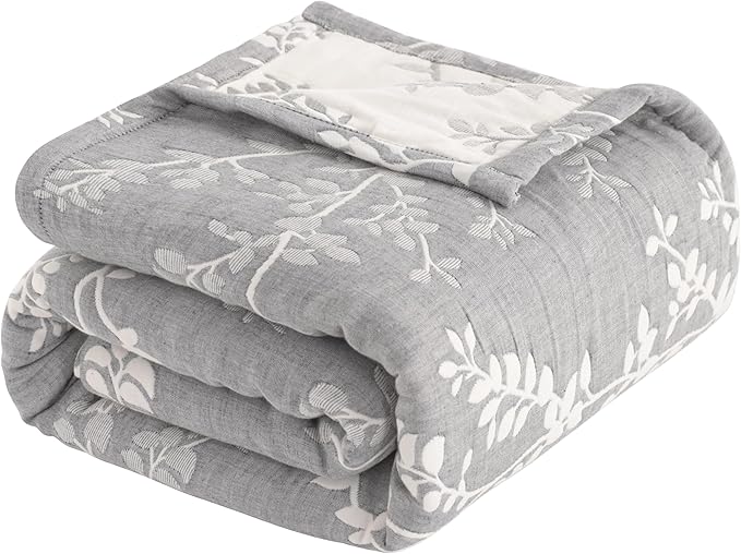 NTBAY 3 Layers Cotton Muslin 88x92 Queen Bed Blanket, Super Soft Breathable Thermal Yarn Dyed Quilt for Adults, Perfect Lightweight Blanket for Couch Sofa Bed All Seasons, Grey Tree