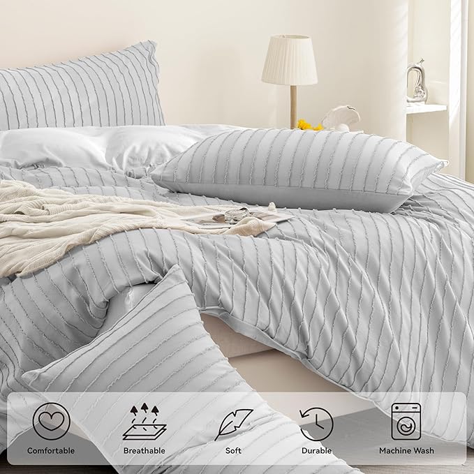 JELLYMONI Duvet Cover Full Size Light Grey - 3PCS Boho Striped Duvet Cover Set Polyester Tufted Bohemian Textured Comforter Cover 80×90in with Corner Ties & Zipper and 2 Pillowcases