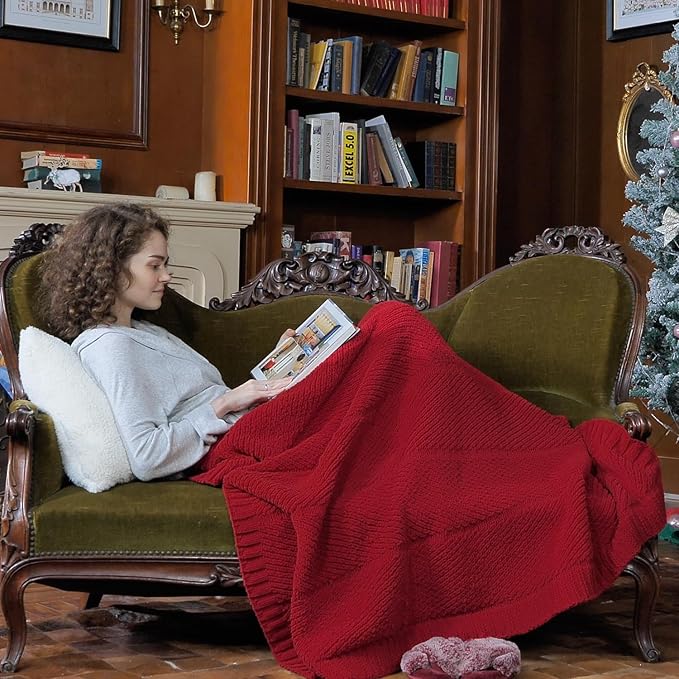 Amélie Home Chevron Chenille Knit Throw Blanket for Couch, Cozy Texture Decorative Soft Blanket for Sofa & Chair, 50"x60", Red