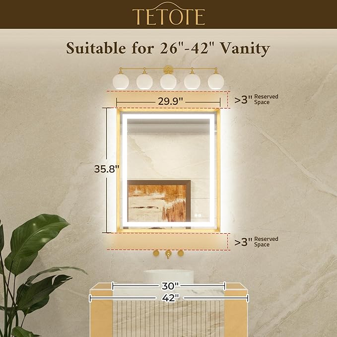 TETOTE Led Bathroom Mirror 30 x 36 with Brushed Bright Nickel Frame Anti-Fog Frontlit & Backlit Vanity Mirror Stepless Dimmable 3 Colors White/Warm/Natural Wall-Mounted
