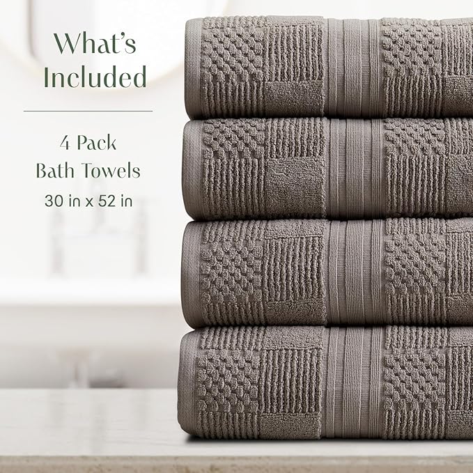 Springtree Home 100% Cotton Bath Towel Set of 4 | Grey Towels | Geometric Textured Design | Absorbent & Quick-Dry | 4 Bath Towels | Oeko-TEX® Standard 100 Cotton | Myla Collection - Frost Grey