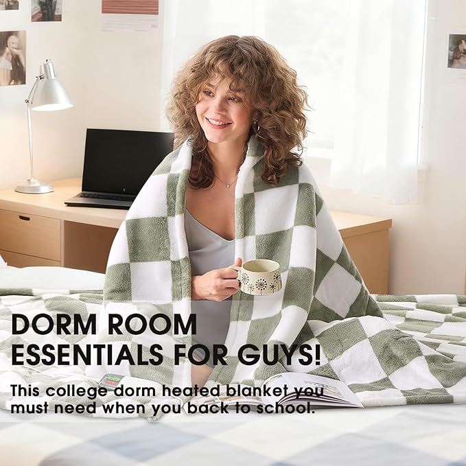 Sage Green Heated Throw Blanket Electric, 50X60 Heating Blanket with 10 Heat Levels & 8 Hours Auto Off for Lap, Checkered Plaid Soft Sherpa Blankets Warmer Gifts for Couch Grandma Women Adults