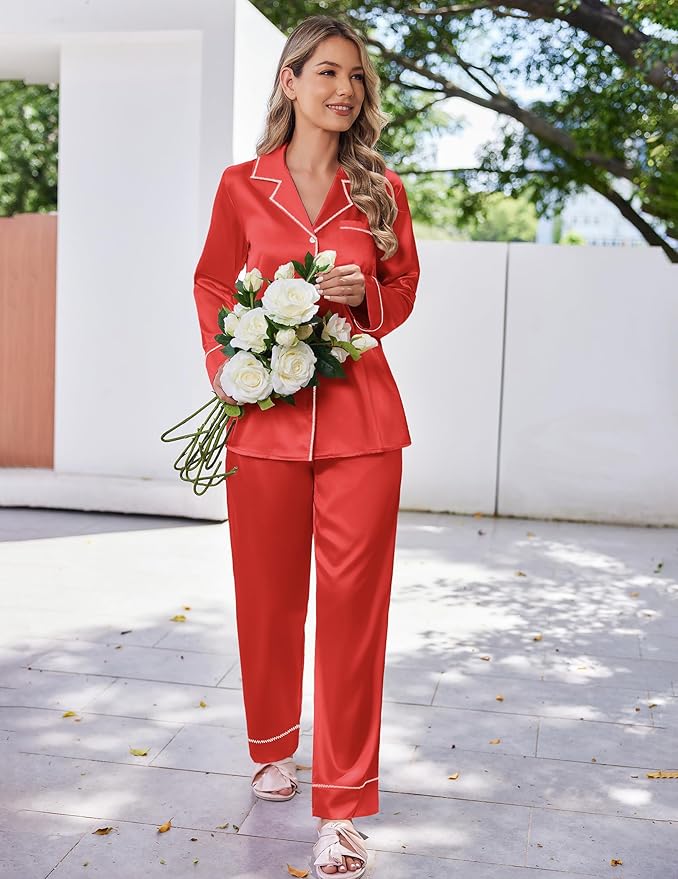 Ekouaer Satin Pajama Set for Women Silky Sleepwear Long Sleeve Top and Pants Button Down Pjs Lounge Set