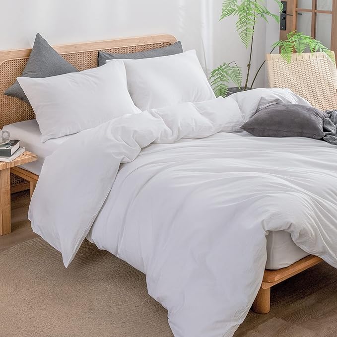 BESTOUCH Duvet Cover Set 100% Washed Cotton Linen Feel Super Soft Comfortable Chic Lightweight 3 PCs Home Bedding Set Solid Bright White Cal King
