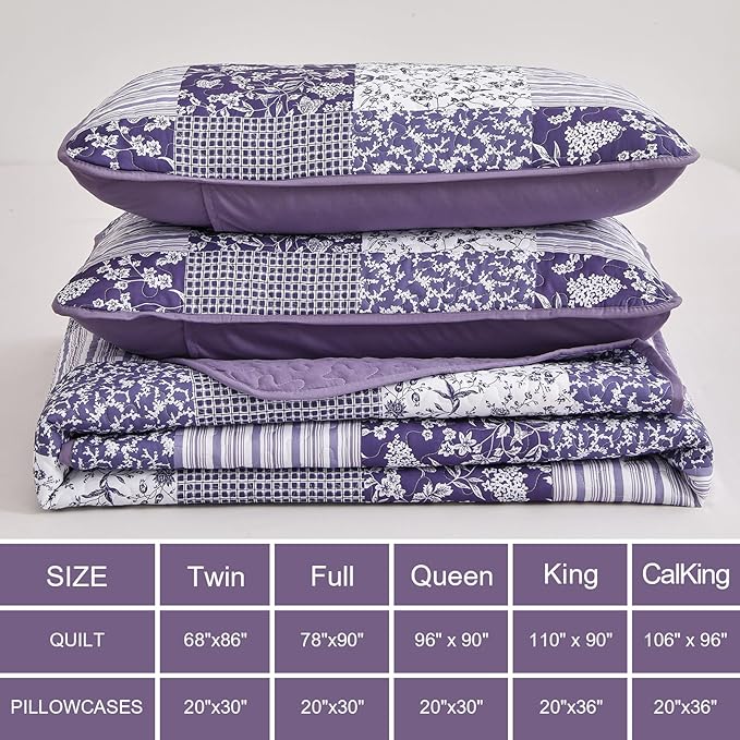 Mybedsoul Purple Quilt Set Twin Size, 2 Pieces Plaid Floral Bedspread Set Patchwork Reversible Bedding Set Microfiber Lightweight Bedspread Coverlet Set for All Season 68"x86"
