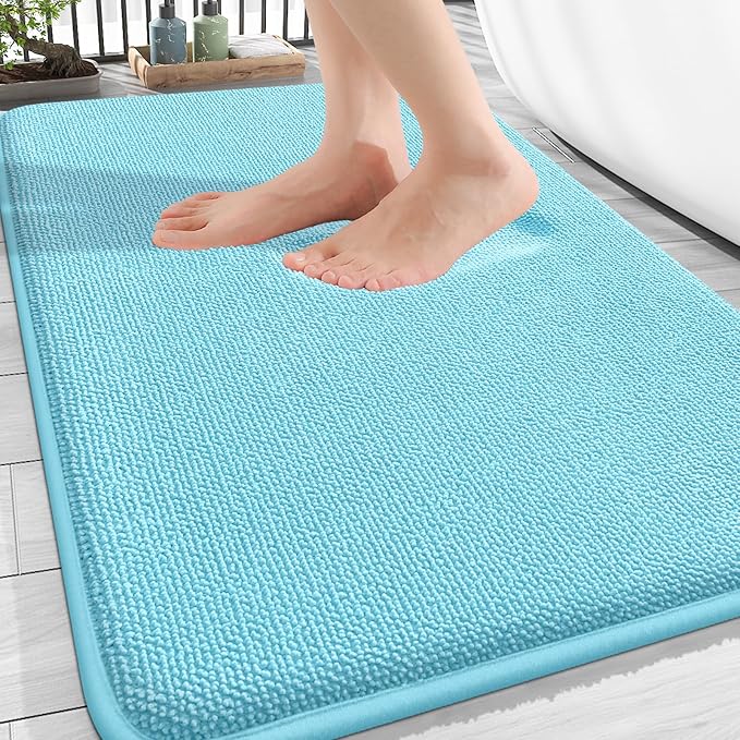 OLANLY Thick Memory Foam Bath Mat Rug 30x20, Extra Soft Absorbent Bathroom Rug, Quick Dry Bath Mats, Non-Slip, Machine Washable Carpet for Bathroom, Tub and Shower, Home Decor Accessories, Sky Blue