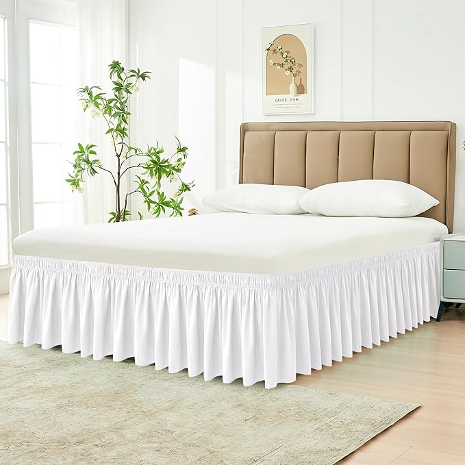Biscaynebay Wrap Around Bed Skirts for Full & Full XL Beds 11" Short Drop, White Adjustable Elastic Dust Ruffles Easy Fit Wrinkle Resistant Silky Luxurious Fabric Machine Washable