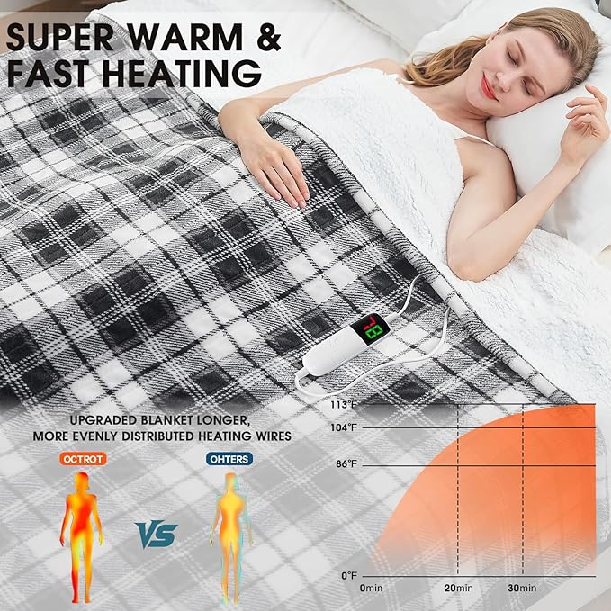 Black Heated Blanket Electric Twin Size,62X84 Heating Blanket with 10 Heats Levels&8 Hours Auto Off&Timer,Plaid Soft Sherpa Black Blankets Warmer Gift for Grandma Women Adult,Fast Heating Washable