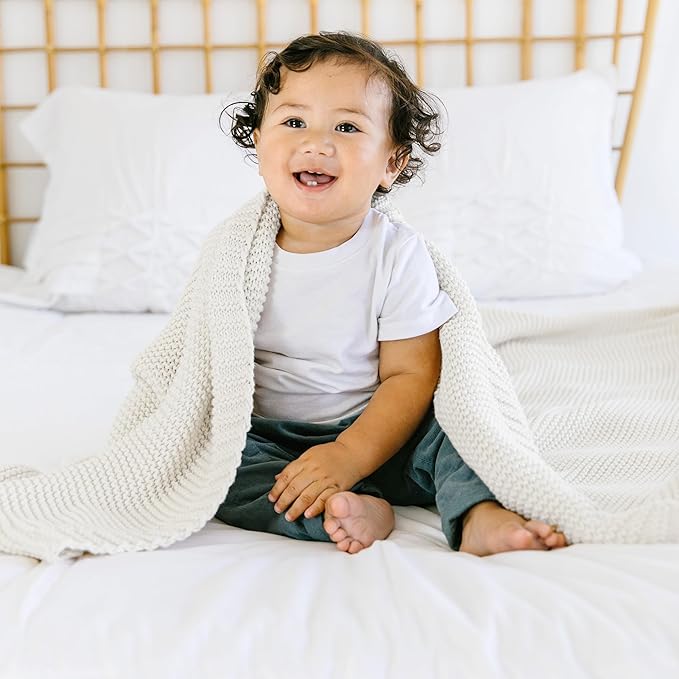 Makemake Organics Organic Cotton Throw Blanket GOTS Certified Organic Knit Blanket Couch Bed Neutral Fall Colors Soft Cotton Throw Blanket Large (50x60, Ivory)