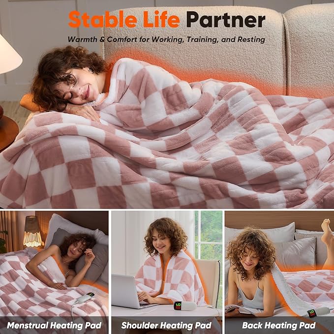 Light Pink Heated Blanket Electric Throw, 50X60 Heating Blanket with 10 Heat Levels & 8 Hours Auto Off for Lap, Checkered Plaid Soft Sherpa Blankets Warmer Gifts for Couch Grandma Women Adults