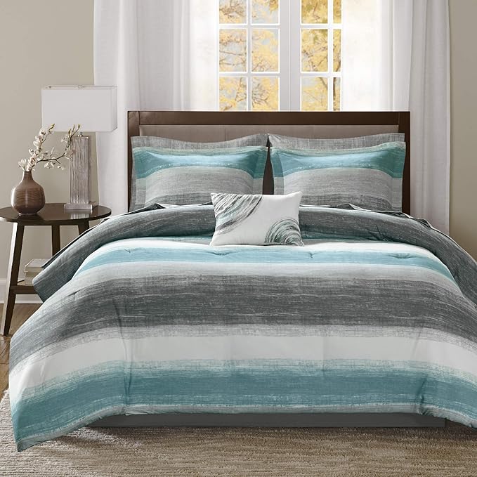Madison Park Essentials Cal King Comforter Set, Bed in a Bag, Watercolor Print Coastal Comforter & Chambray Cotton Sheet Set, All Season Bedding Set, Saben, Aqua Cal-King (104 in x 92 in) 9 Piece