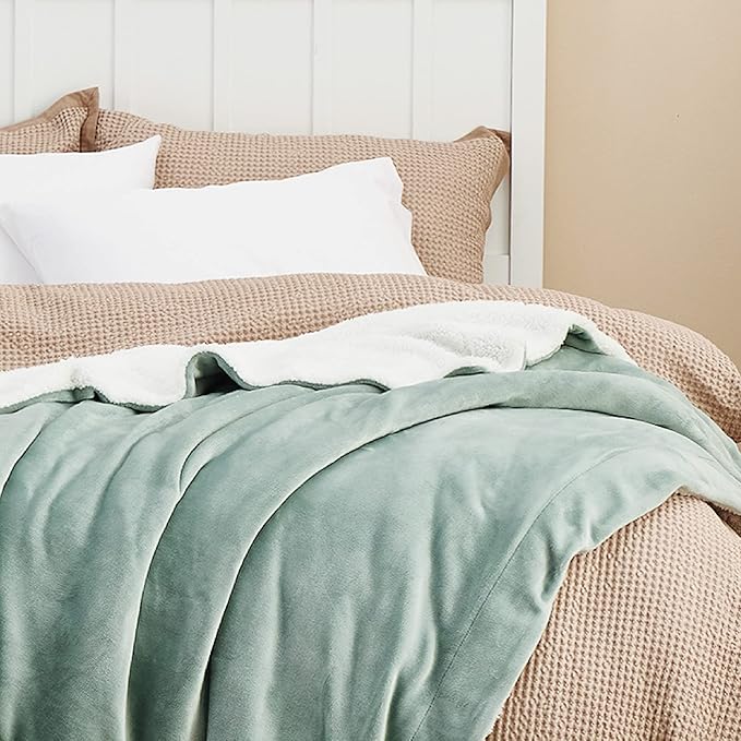 Bedsure GentleSoft Sherpa Fleece Blankets Queen Size for Bed - Thick and Warm Throw for Women and Men, Soft Fuzzy Plush Queen Blanket for Winter, Sage Green, 90x90 Inches