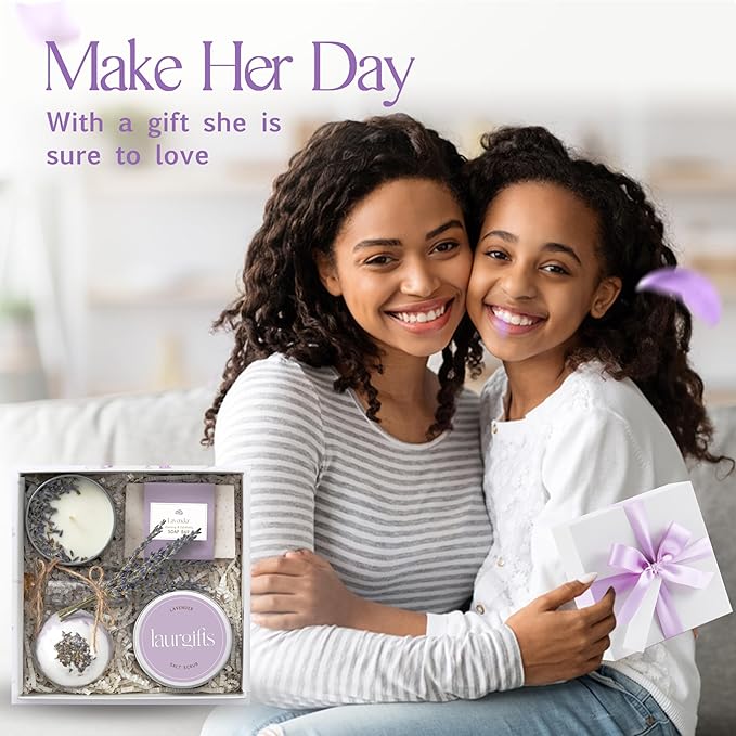 Lavender Small Spa Gift Box for Women – Relaxing Self Care Set with Candle, Bath Bomb, Soap & Scrub – Birthday, Thank You, Christmas, Housewarming, Bridal Shower, Get Well Soon Gift Basket for Her