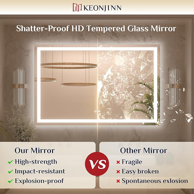 Keonjinn 30 x 36 Inch LED Bathroom Mirror with Lights, Vanity Mirror with Frontlit & Backlit, Dimmable 3-Color Temperature, Lighted Mirror with Anti-Fog, Tempered Glass(Horizontal/Vertical)
