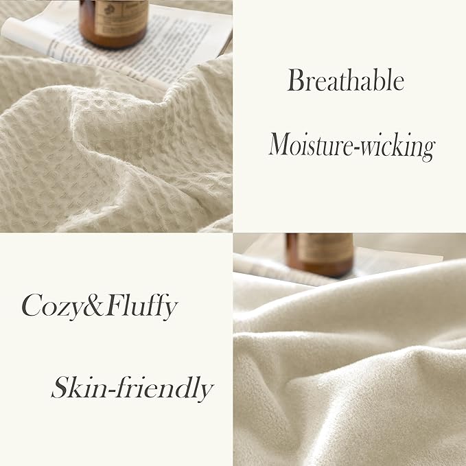 CHUFFED Cotton Waffle Blanket King Size - Plush Milk Velvet & Reversible Waffle Weave,Anti-Static 300Gsm Design，Thick Cozy Soft Winter Blanket for Bed, Couch, Sofa - Beige, 104x90 Inches