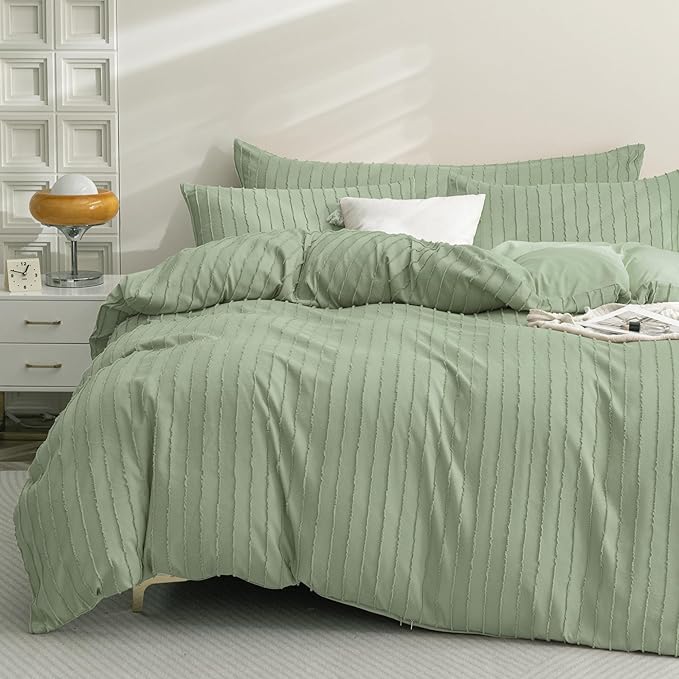 JELLYMONI Duvet Cover Queen Size Light Green - 3PCS Boho Striped Duvet Cover Set Polyester Tufted Bohemian Textured Comforter Cover 90×90in with Corner Ties & Zipper and 2 Pillowcases