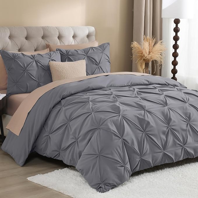 Litanika Dark Grey Pinch Pleat Duvet Cover Queen, 3 Pieces Pintuck Soft Microfiber Bedding Set with Zipper Closure & Corner Ties(90x90Inch-1 Duvet Cover, 2 Pillowcases)