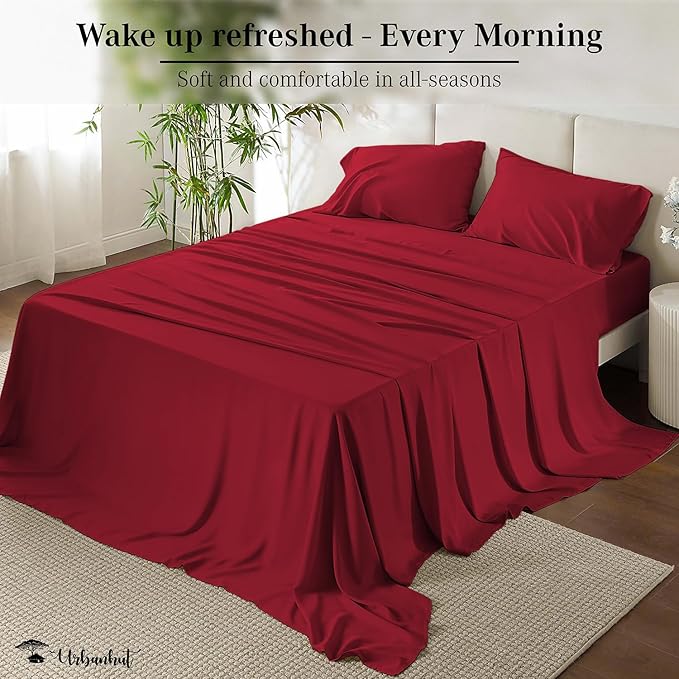 URBANHUT 700 Thread Count Egyptian Cotton Full Sheets, 4Pc Sheet Set Soft Luxury Bed Sheets for Full Size Bed, Sateen Weave Hotel Sheets, 14'' Elasticized Deep Pocket - Burgundy