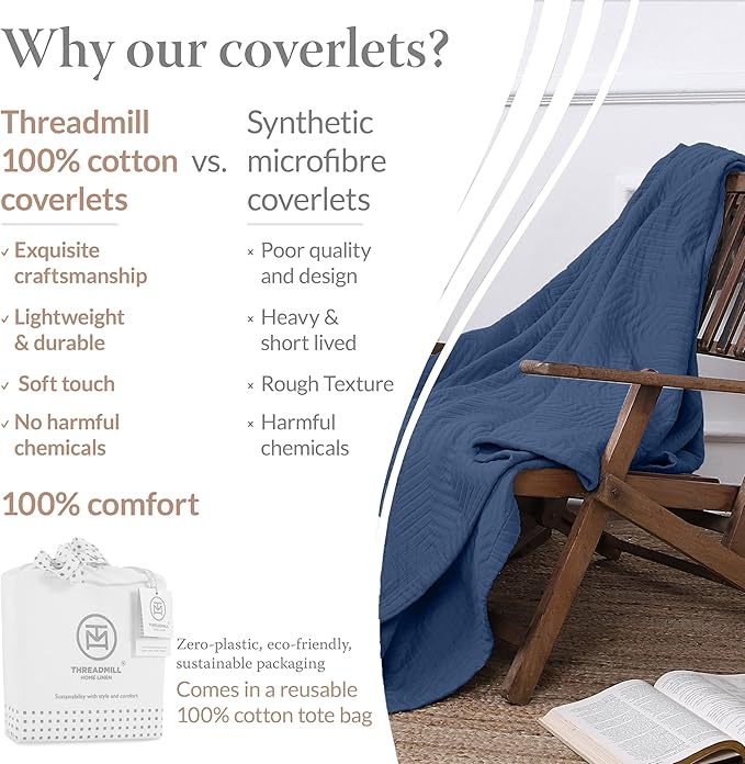 Threadmill Luxury Cotton Blankets for Queen Size Bed | All-Season 100% Cotton Queen Size Blanket | Aster Cozy Lightweight, Soft Breathable Coverlet fits Full Size Bed, 90x92 | Folkstone Blue