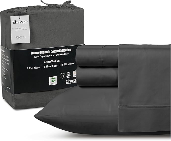 Organic Cotton Sheets Queen Sheet Set Deep Pocket,100% Cotton Bed Sheets Queen Size Set, No Pill Soft & Comfy Naturally Cool Breathable Elasticated Sheet & Pillowcase Sets- Charcoal