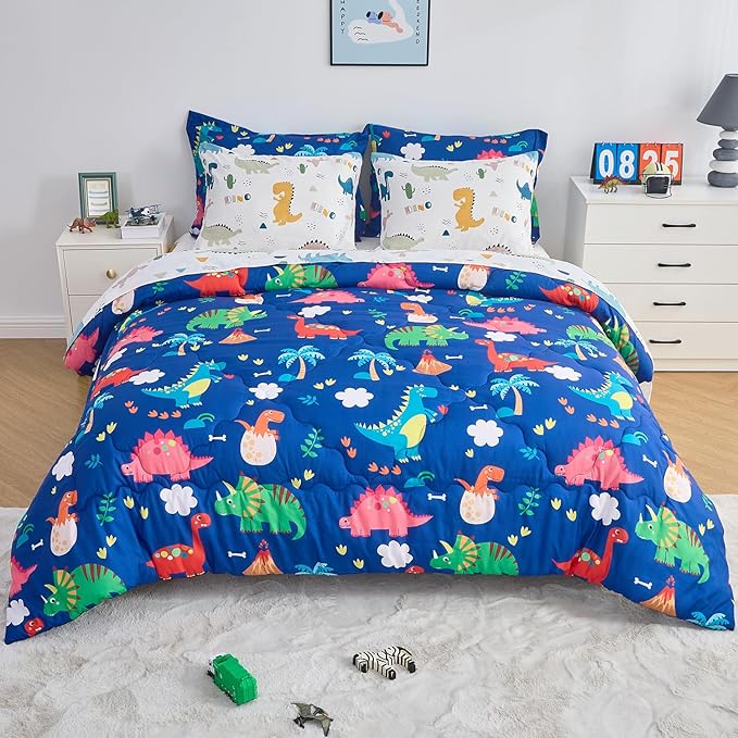 Wajade 7 Piece Kid Boys Dinosaur Comforter Set Queen Size 3D Blue Dinosaur Wild Park Jungle Print Bedding Set with Comforter, Sheet Set, Pillowcase and Sham