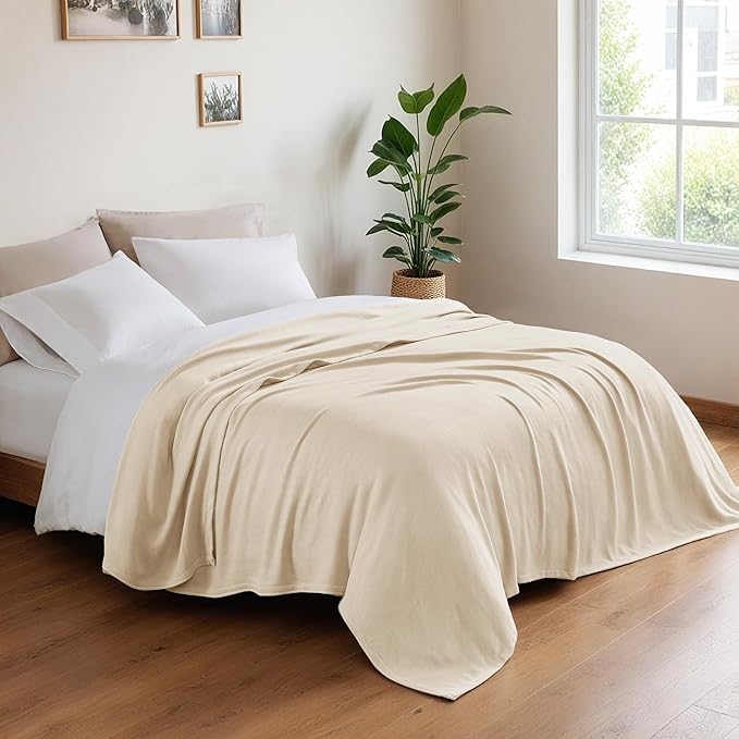 Queen Size Blanket, 70% Rayon (Derived from Bamboo) and 30% Cotton, Lightweight Jacquard Weave, Breathable and Soft Summer Blanket for Bed or Couch, 90” x 90”, Ivory