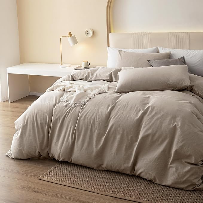JIYUAN 100% Washed Cotton Duvet Cover Set 3 PCS Cal King, 1 Duvet Cover 104"x98" (Comforter Not Included) and 2 Pillowcases,Linen Feel Bedding Set Comfy and Breathable, Heathered Tannish Linen Grey
