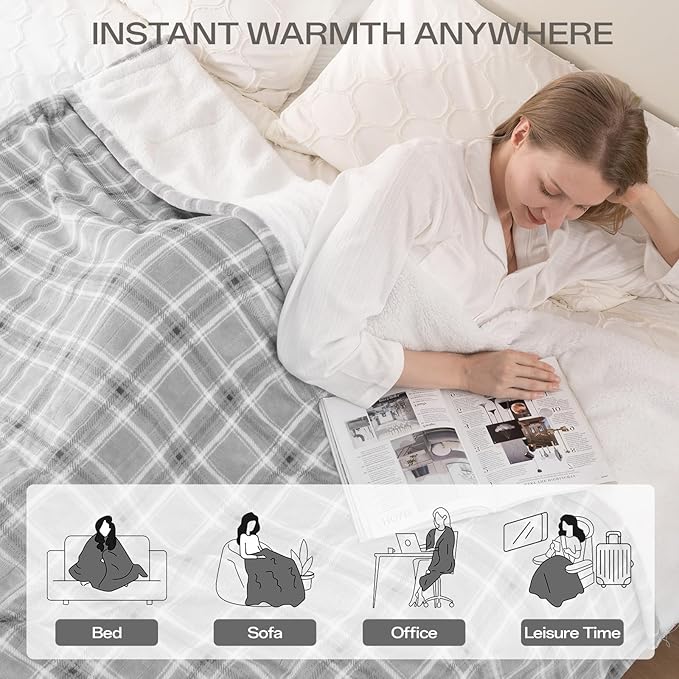 Heated Blanket Full Size, Electric Blanket 72"x84" for Bed with 8 Fast Heating Levels & 10 Hours Auto Shut-Off, Grey Plaid Warm Soft Flannel Blanket Gift for Women Grandma Machine Washable