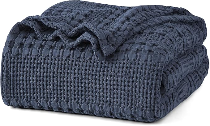 PHF 100% Cotton Waffle Weave Blanket Queen Size for Bed, Soft Lightweight & Breathable, All-Season Comfort, Luxury Aesthetic Woven Bedding for Home Decor, 90"x90", Indigo