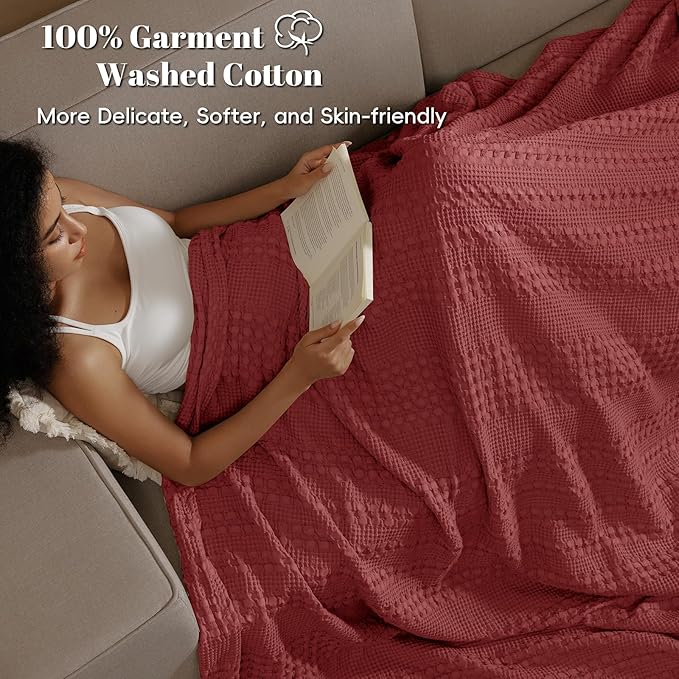 PHF 100% Cotton Waffle Weave Blanket King Size for Bed, Soft Lightweight & Breathable, All-Season Comfort, Luxury Aesthetic Woven Bedding for Home Decor, 108"x90", Wine Red