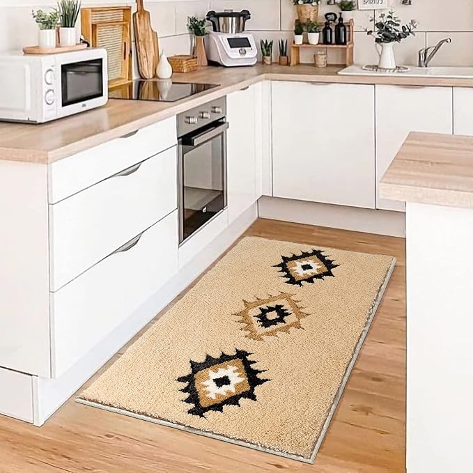 DEXDE Bathroom Rugs 20x47 Boho Bath Mat Non Slip Long Bath Runner Rugs Luxury Soft Absorbent Carpet for Shower Kitchen Entryway Farmhouse Neutral Decor, Cream Beige