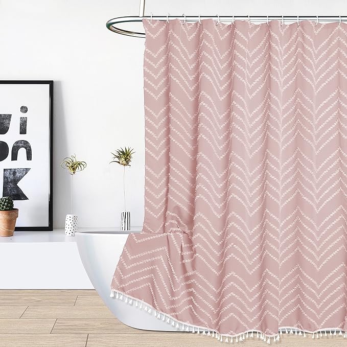 Pink Boho Shower Curtain White Tassel Woven Fabric Cute Shower Curtain Modern Farmhouse Textured Tufted Chevron Striped Minimalist 72 x 72 Bathroom Shower Curtains