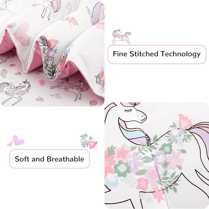 Viviland Kids Twin Bedding Sets for Girls, Soft Twin Comforter Set with Sheets, 5 Pieces Microfiber Bed in a Bag, White Unicorn
