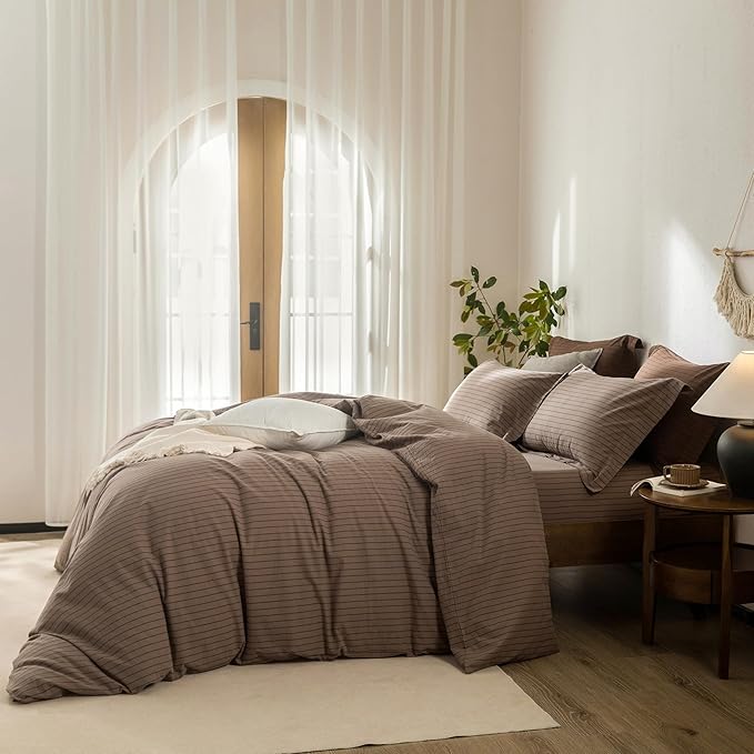 Stripe Duvet Cover Queen Size 90inch x 90inch,100% Washed Cotton Pinstripe Duvet Cover with Zipper Closure and 2 Pillowcases, Color of Light Brown-Black Stripe