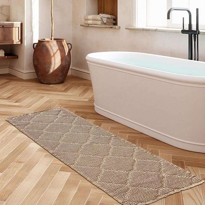 ZALL Tan Waffle Bath Mat,Super Absorbent Non Slip Bathroom Rug,Brown 24X60 inch, Geometric Diamond Machine Washable Ultra Soft Floor Mats