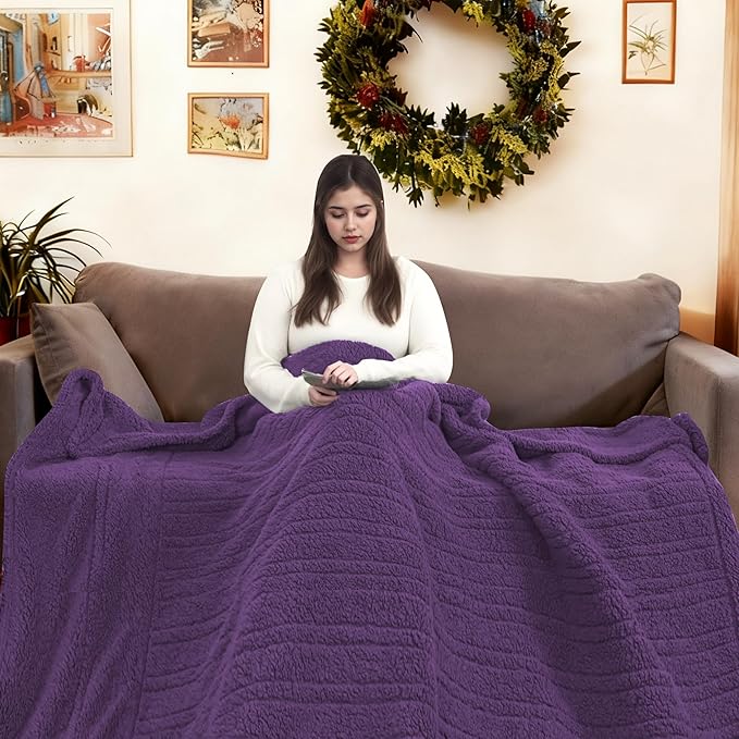 Electric Heated Blanket 6 Heating Settings & 1-10H Auto Off Twin 62×84 Double Sided Plush Sherpa Ultra-Cozy Soft Warm Thick, Machine Washable, Fast Heating, Home Office Dark Purple