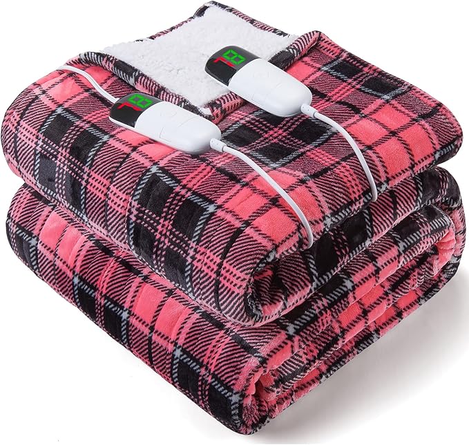 Pink Heated Blanket Electric, Queen Size 84X90, 10 Heat Levels/8 Hours Auto Off/Dual Control for Bed, Blue Plaid Checkered Sherpa Blanket Warmer for Adult, Washable Gift