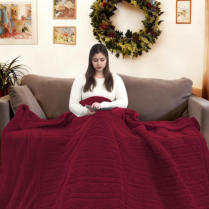 Electric Heated Blanket 6 Heating Settings & 3 H Auto Off Throw Size 50×60 Double Sided Plush Sherpa Ultra-Soft Warm Thick, Machine Washable, Fast Heating, Home Office, Red