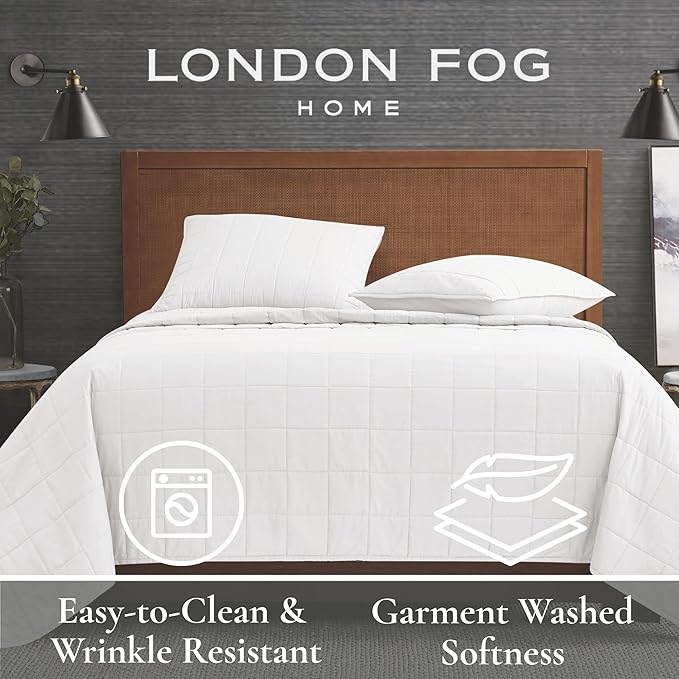 LONDON FOG Garment Washed Solid Quilt Set Green Microfiber 3-Piece King Quilt Set, Solid Themed, Adult and Teen, Oeko-TEX Certified
