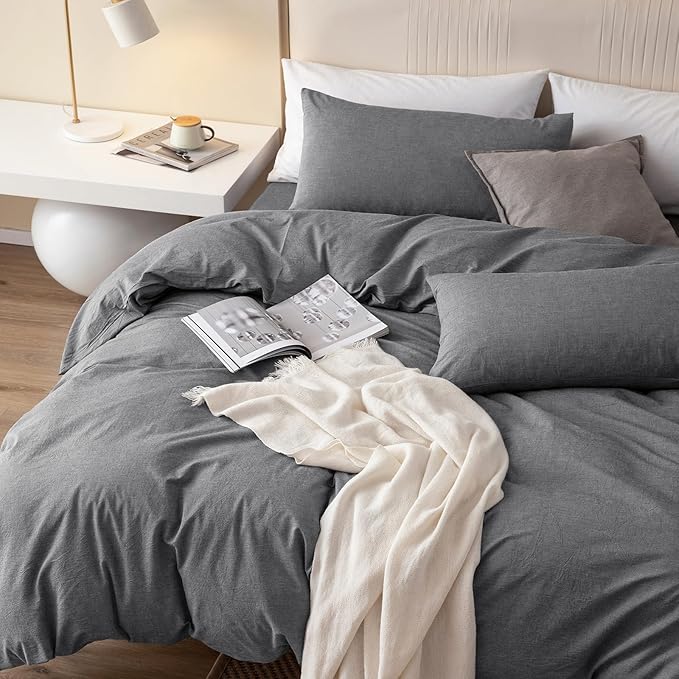JIYUAN 100% Washed Cotton Duvet Cover Set 3 PCS Oversized King Plus, 1 Duvet Cover 128"x120"(Comforter Not Included) and 2 Pillowcases,Linen Feel Bedding Set Comfy and Breathable,Heathered Dark Grey