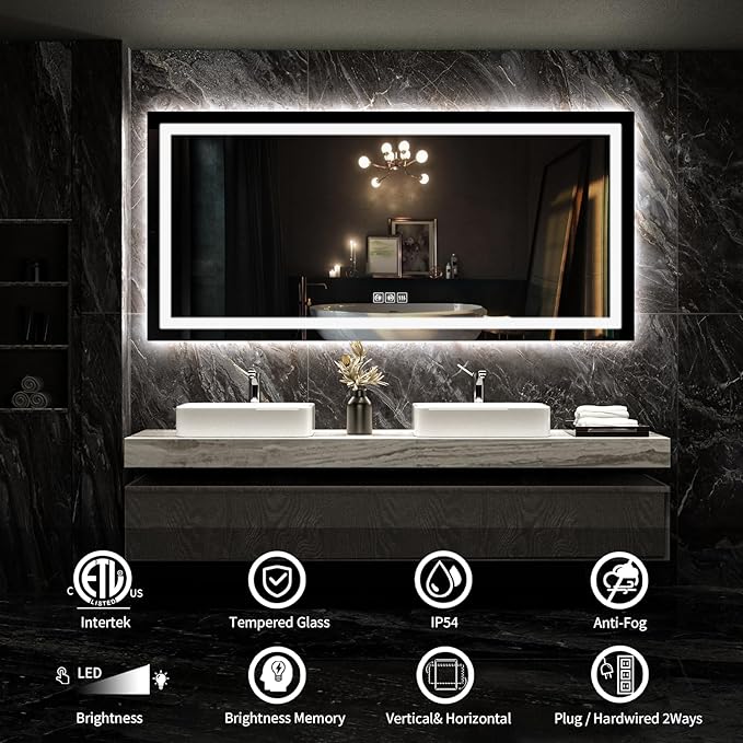 LED Mirror for Bathroom, 72x36 Inch Backlit + Front Lighted Bathroom Vanity Mirror with Lights for Wall, Double Light Strips, 3 Colors, Shatter-Proof, Anti-Fog and Brightness Memory