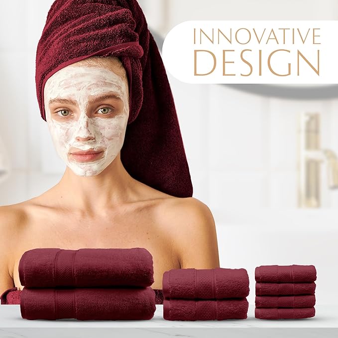 MAURA Burgundy Bath Towel Set of 8 for Bathroom. Turkish Cotton Luxury Bath Towels Extra Large, Thick, Plush & Soft. Hotel & Spa Quality - Burgundy
