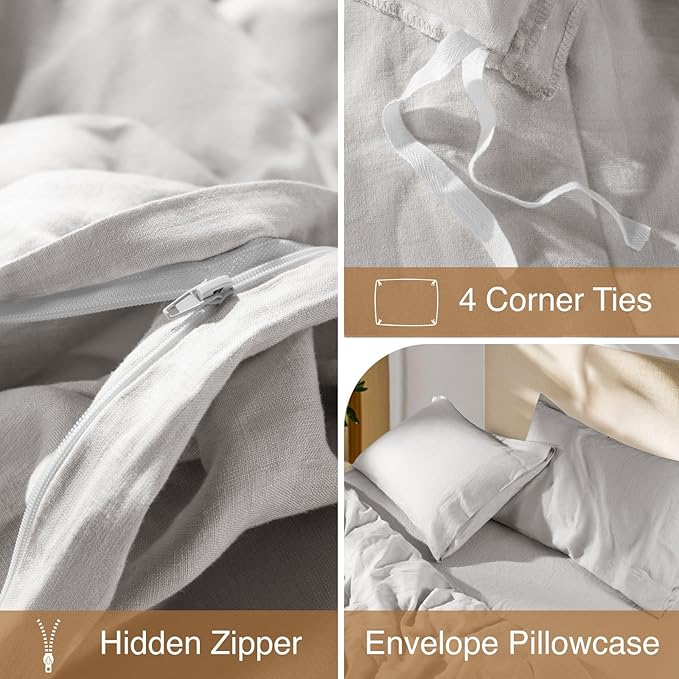 SONORO KATE 100% French Linen Duvet Cover, Soft Breathable for Hot Sleepers, Moisture Wicking & Durable Cover Set - Zipper Closure & 4 Corner Ties Duvet Covers 3 Piece (Grey,Cal King)