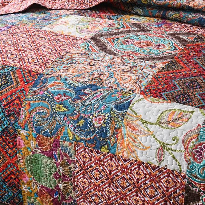 Autumn Dream Cotton Patchwork Bedspread Quilt Sets, Reversible Bedding Coverlet Sets, Red Gorgeous Vintage Pattern, QueenSize