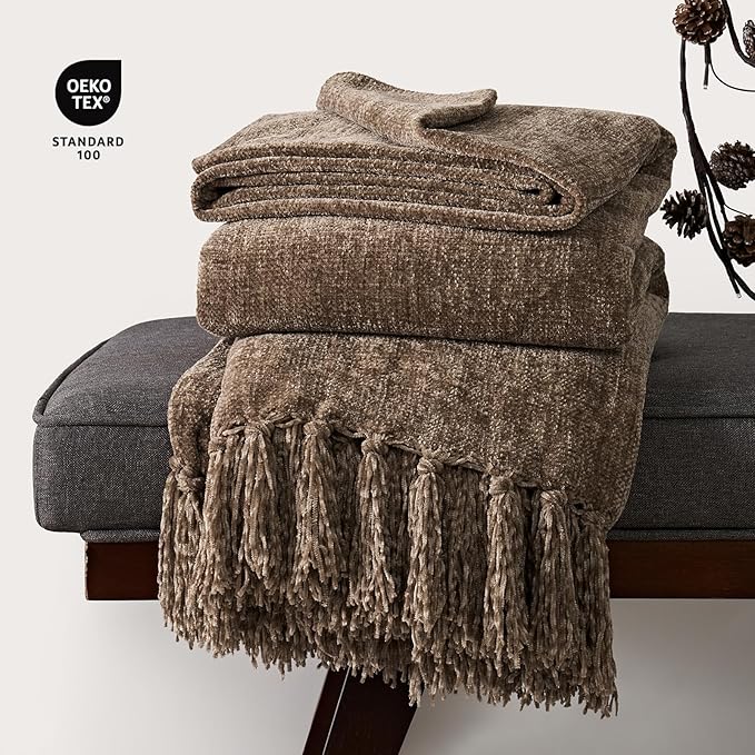 EVERGRACE Soft Chenille Throw Blanket for Couch, Cozy Plush Fuzzy Decorative Chenille Knit Throw Blanket with Tassels, Lightweight Blanket and Throws for Bed Sofa Gift Home Decor, Mocha Brown 60"x80"
