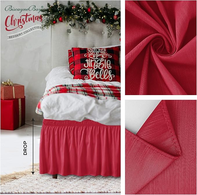 Biscaynebay Wrap Around Bed Skirts for Twin & Twin XL Beds 15" Drop, Red Adjustable Elastic Dust Ruffles Easy Fit Wrinkle & Fade Resistant Silky Luxurious Fabric Machine Washable