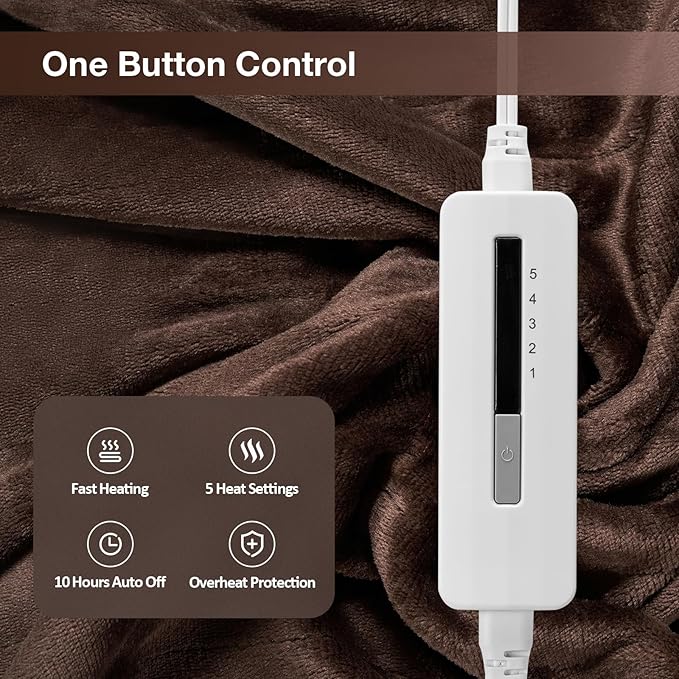 Electric Heated Blanket Twin Size 62”x84”,Soft Warmth Cozy with 5 Heating Settings 10 Hours Auto-Off, One Touch Operation, Machine Washable, Dark Brown